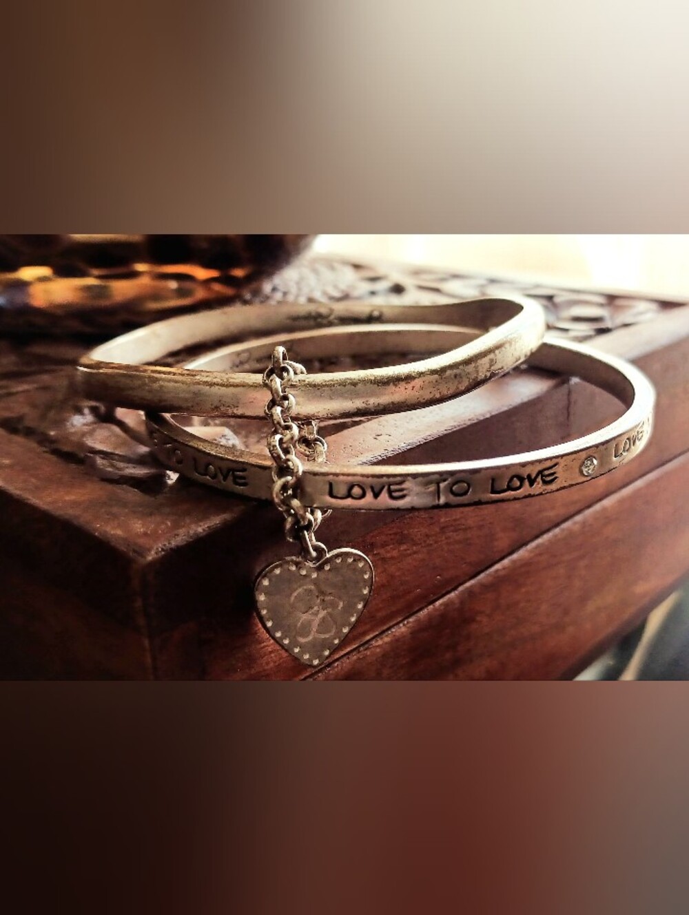 Vintage '90's' Silver-Tone Heart Dangle Charm "JS", Double Bangle w/Rhinestones